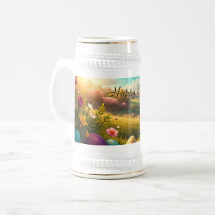 Jarra De Cerveza Feliz Pascua en un paisaje primaveral