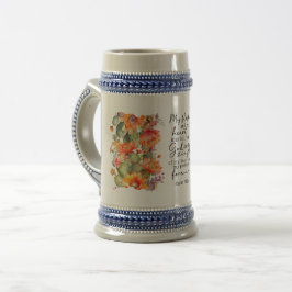 Jarra de cerveza floral con versículo bíblico alem