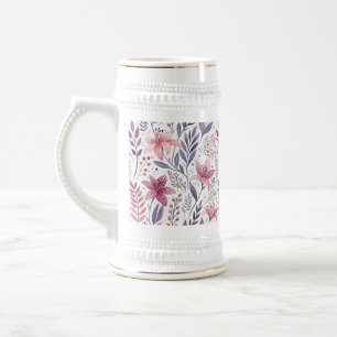 Jarra De Cerveza Floral Watercolor Lilies Pink Violet