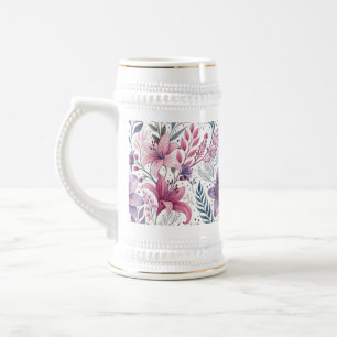 Jarra De Cerveza Floral Watercolor Lilies Pink Violet