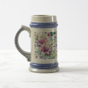Jarra De Cerveza Floral Watercolor Lilies Pink Violet