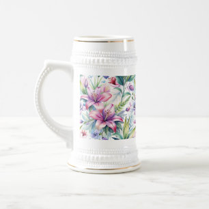 Jarra De Cerveza Floral Watercolor Lilies Pink Violet