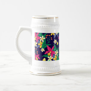 Jarra De Cerveza Flores Exóticas Coloridas Patrón de Hojas-23021