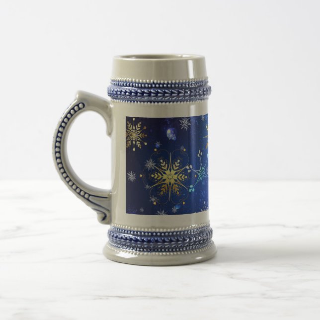 Jarra De Cerveza Fondo azul XMAS con copos de nieve dorados (Izquierda)
