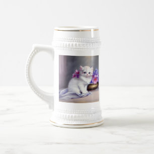 Jarra De Cerveza Gatito blanco vintage con flores rosadas y moradas
