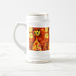 Jarra De Cerveza Gato retro caprichoso Kitty Floral Naranja amarill