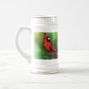 Jarra De Cerveza Hermosa pintura de pájaros del cardenal rojo del 