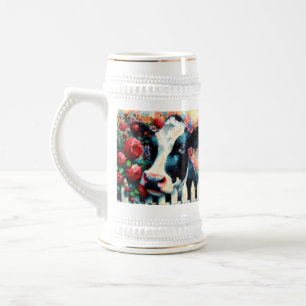 Jarra De Cerveza Holstein Cow Picket Fence Red Roses Black Red