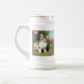 Jarra De Cerveza Ilustracion de gato vintage con flores rojas