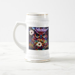 Jarra De Cerveza Impresionista y caprichosa lechuza floral personal