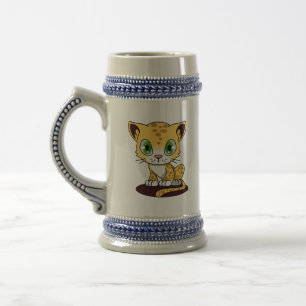 JARRA DE CERVEZA KITTEN DE OJOS VERDES MARRÓN SOBRE UNA MAT DE MARO