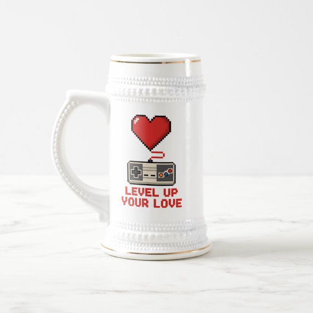 Jarra De Cerveza Level Up Your Love, Retro Pixel Gaming Design (Izquierda)