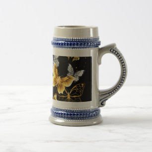 Jarra De Cerveza Mariposas doradas y blancas