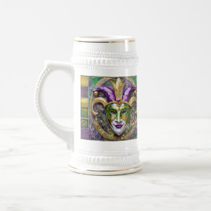 Jarra De Cerveza Máscara de Jester Mardi Gras verde dorado