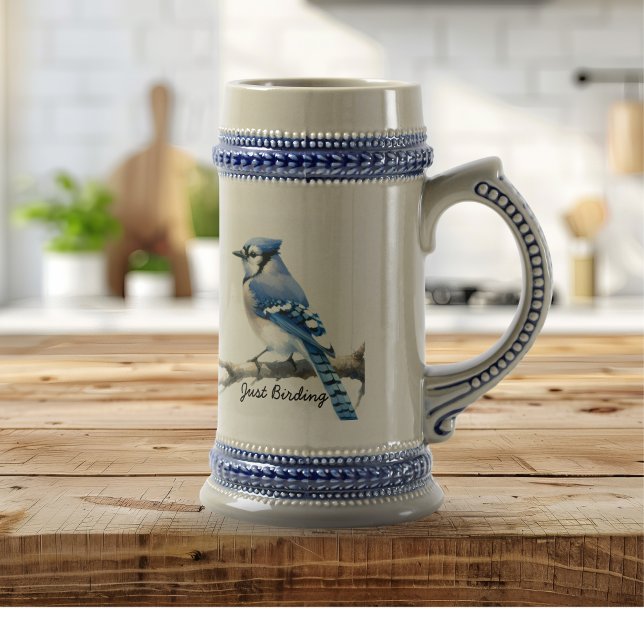 Jarra De Cerveza  Modern Blue Jay ''Just Birding'' Personalize (Personalize this Design, Change '' Just Birding '' to something more meaningful)