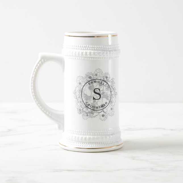 Jarra De Cerveza Monograma azul turbio Groomsmen Beer Stein (Izquierda)