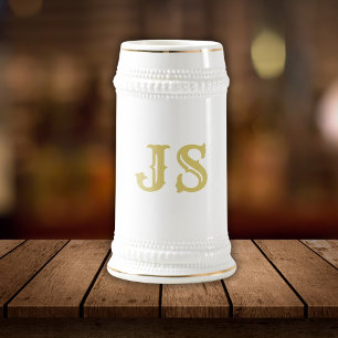 Jarra De Cerveza Monograma elegante blanco y oro