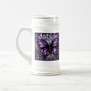 Jarra De Cerveza Morado gótico de mariposa negra personalizado