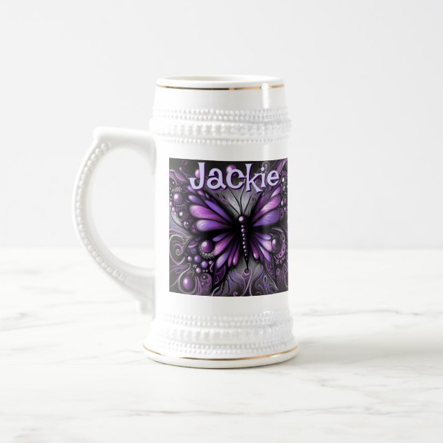 Jarra De Cerveza Morado gótico de mariposa negra personalizado (Izquierda)