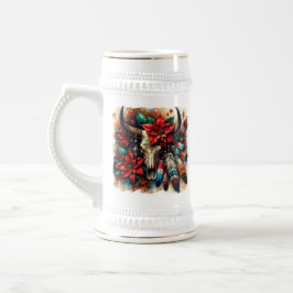 Jarra De Cerveza Navidades Cow Bull Skull Poinsettias Feathers