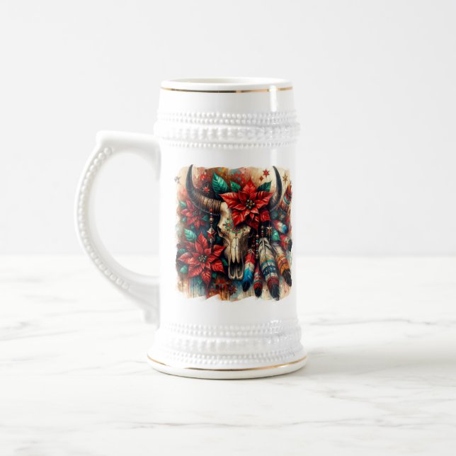 Jarra De Cerveza Navidades Cow Bull Skull Poinsettias Feathers (Izquierda)