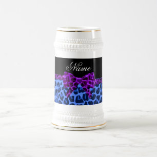 Jarra De Cerveza Nombre personalizado azul leopardo impresión púrpu