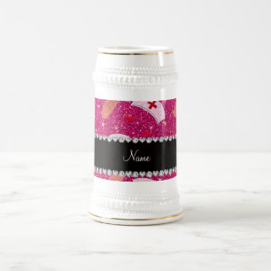 Jarra De Cerveza Nombre personalizado neón purpurina rosado calient