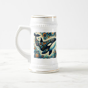 Jarra De Cerveza Orca Asesina Ballena Floral Whimsical Playa Náutic
