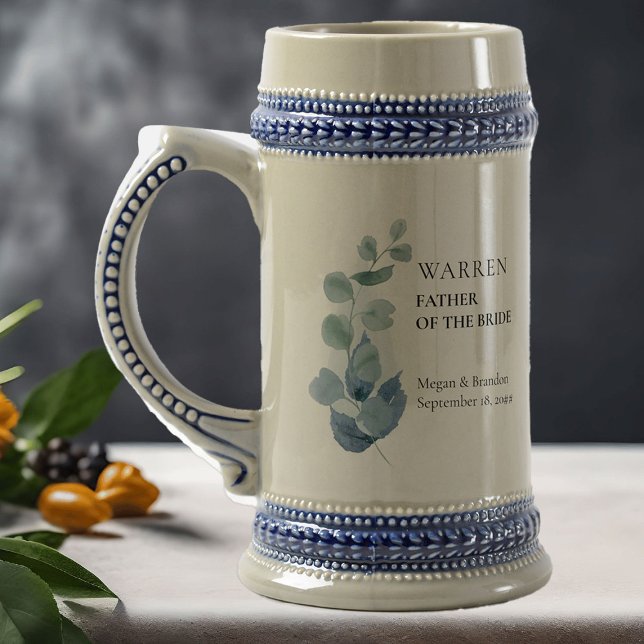 Jarra De Cerveza Padre de la novia Eucalyptus Greenery Boda (Eucalyptus wedding parents gift to personalize for anyone or everyone in your wedding party)