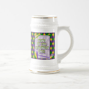 Jarra De Cerveza Patrón de Harlequin Mardi Gras, cuentas, plumas