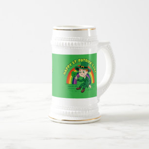 Jarra De Cerveza Personalizado lindo leprechaun con shamrock y arco
