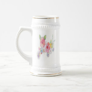 Jarra De Cerveza pintura floral sobre blanco