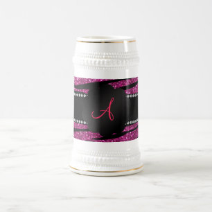 Jarra De Cerveza Rayas de la cebra del purpurina del rosa del