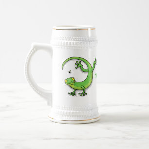 Jarra De Cerveza Saludos felices de gecko verde lindo con personali