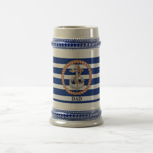 Jarra De Cerveza Stein personalizado con ancla a rayas azul marino 