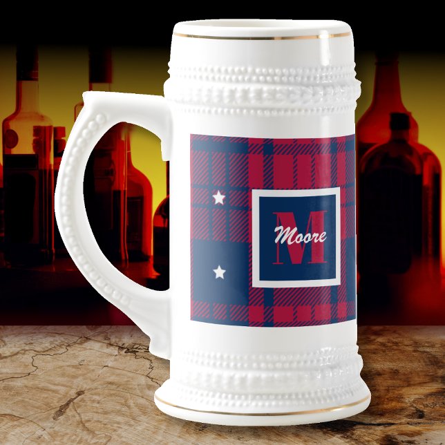 Jarra De Cerveza Tartán - Patriótico - Estrellas blancas rojas (Tartan - Patriotic - Red Blue White Stars Beer Stein by Leapfroglisics Shop)