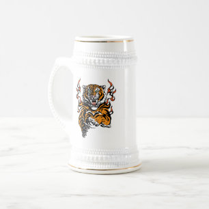 Jarra De Cerveza Tigre enojado en lenguas de llama