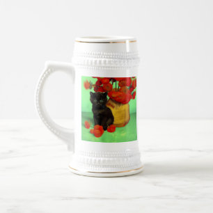 Jarra De Cerveza Van Gogh Black Kitten Red Flowers