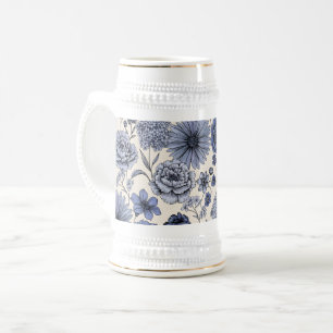 Jarra De Cerveza Vintage Blue Toile Floral Botanical Pattern