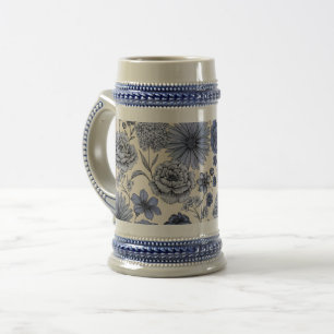 Jarra De Cerveza Vintage Blue Toile Floral Botanical Pattern