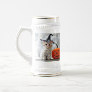 Jarra De Cerveza Vintage Halloween White Kitten y Jack-o'-lantern