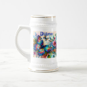 Jarra De Cerveza Watercolor Mariposa Jardín floral Personalizado