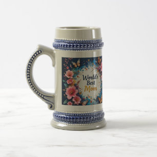 Jarra De Cerveza World's Best MOM Flowers Butterfly
