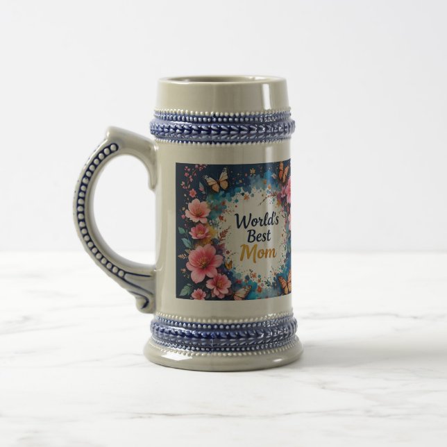 Jarra De Cerveza World's Best MOM Flowers Butterfly (Izquierda)