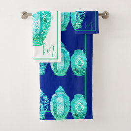 Jarra de jengibre elegante monograma azul verde bl