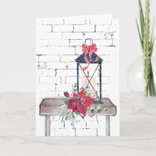 Jarrón de flores de Nochebuena y farol de Navidad