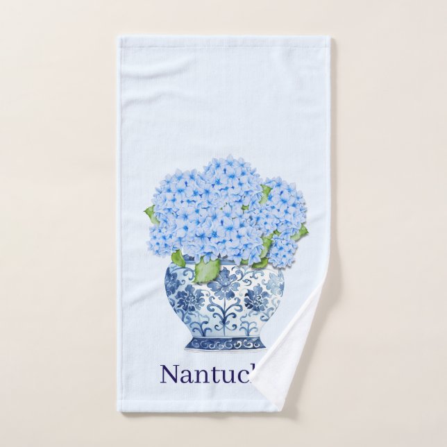 Jarrón de hortensias azules de Nantucket con chino (Toalla de mano)