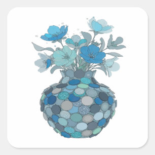 Jarrón Floral Azul Gris Fresco Arte Calcomanía