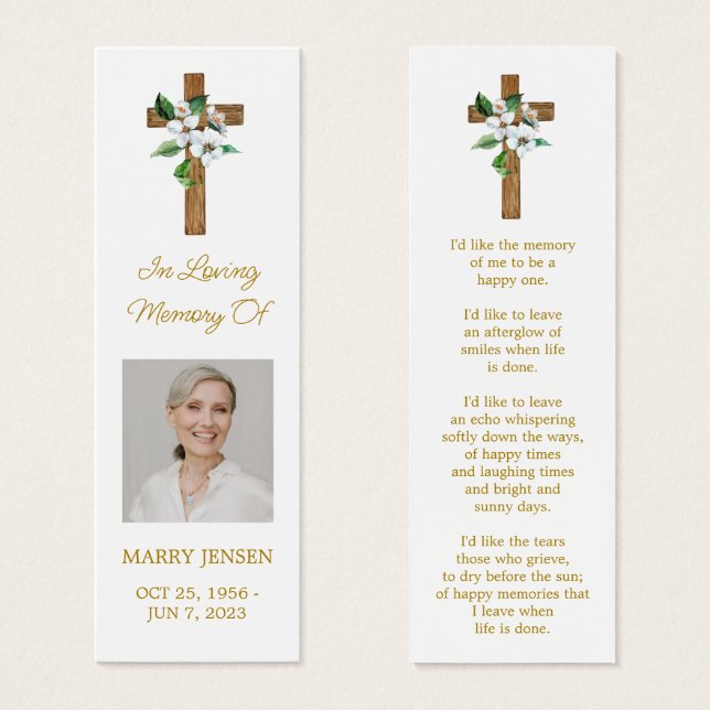 Jasmine Cross Photo Funeral Memorial Bookmark (Anverso y reverso)