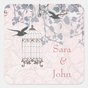 jaula de pájaro rosa floral, sello para sobres de